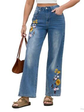 Embroidered Floral High Waist Straight Leg Jeans with Pockets